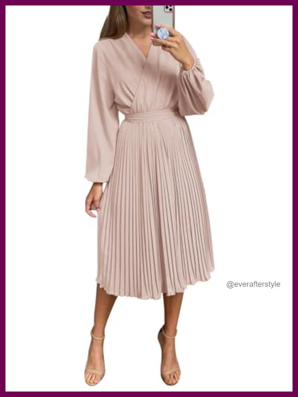Women's Midi Dress Long Puff Sleeve Wrap V Neck Flowy Pleated Ruffle